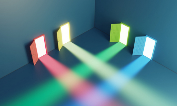 Multicolored doors and glowing lights forming paths through the doors; the concept of different options